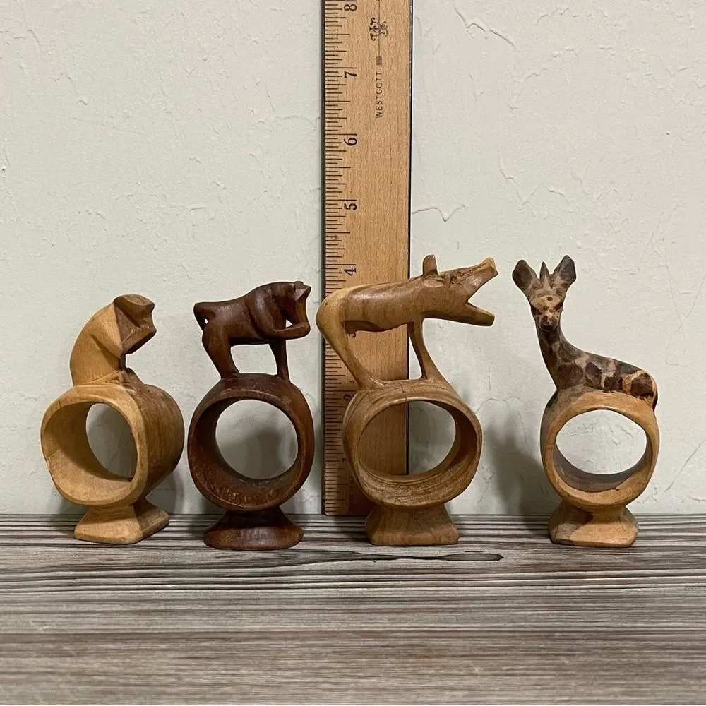 Wood Hand Carved Safari Animal Napkin Rings Monkey Giraffe Rustic Cabin Set of 4